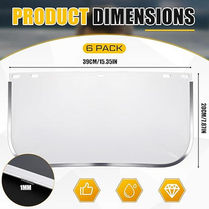 Kingdder 6 Pcs Clear Face Shield Replacement for Grinding and Cutting, 15x 8x 0.04 Inches Safety Faceshield Visors(Polycarbonate,Aluminum Edge)