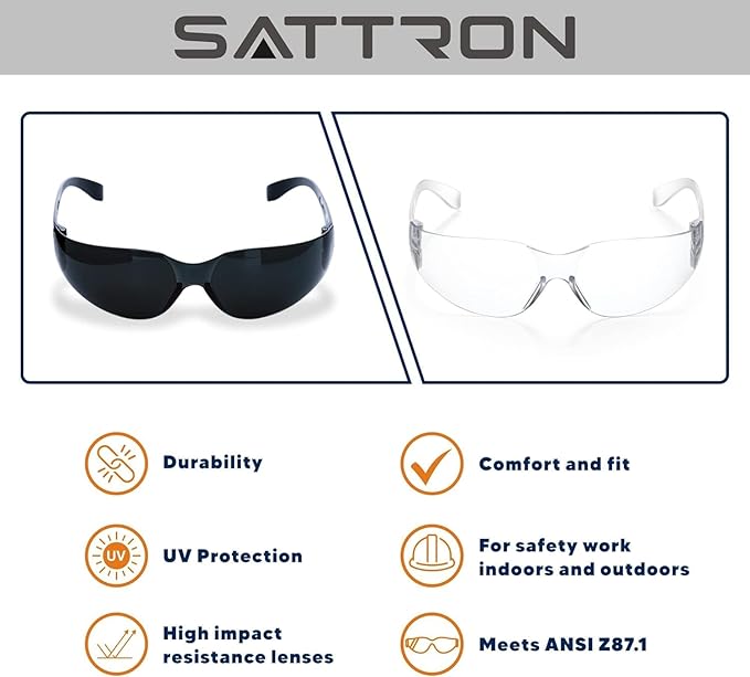 SATTRON 50 Pack of Tinted Safety Glasses, Scratch & Impact Resistant Protective Eyewear, Dark Lenses for UV Protection, Safety Sunglasses for Construction, Outdoor Work & Shooting