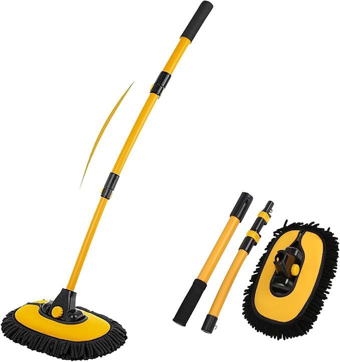 15° Curved Car Cleaning Brush with Telescopic Handle 56.7" Aluminum Alloy Long Rod Wash Mop for Cleaning RVs, Trucks, Boats