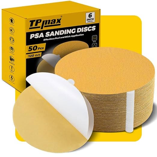 6-Inch 120-Grit Gold PSA Sanding Discs, 50 Pack – Pro-Grade Self-Adhesive Stickyback Sandpaper with Quick-Release Tabs for DA Sander, Medium-Coarse Automotive/Wood/Metal Sanding