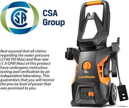 LawnMaster LT306-1800C Electric Pressure Washer 13 Amp 1.4 GPM 2100 Max PSI with Foam Bottle CSA Certified