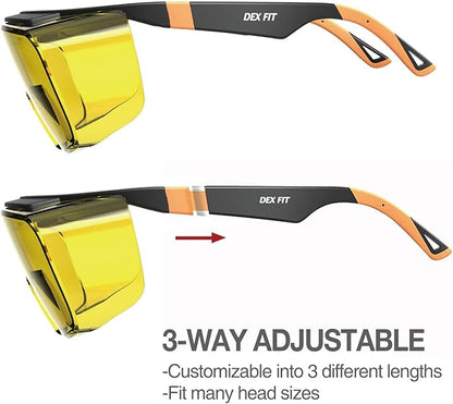 DEX FIT Safety Work Over Glasses SG210 OTG; Z87 Eye Protection for Men & Women, Fog & Scratch Resistant, Adjustable, UV & Blue Light Blocking (Black & Orange Frame, Yellow Lens)