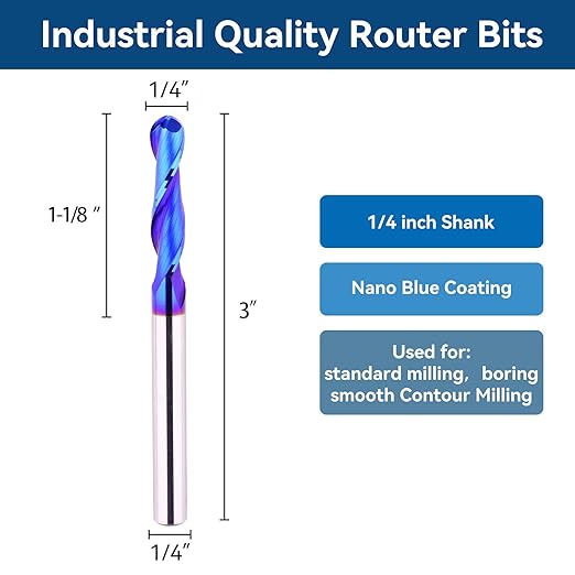 CNC Router bit 1/4inch Shank Extra Long 3inch Carbide Ball Nose End Mill with Nano Blue Coating for Side Milling End Milling Finish Machining (1/4" x1-1/8 x3)