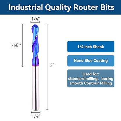 CNC Router bit 1/4inch Shank Extra Long 3inch Carbide Ball Nose End Mill with Nano Blue Coating for Side Milling End Milling Finish Machining (1/4" x1-1/8 x3)