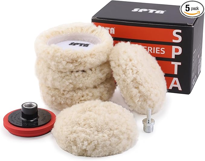 SPTA Wool Polishing Pad, 5Pcs 3"(75mm) 100% Natural Wool Buffing Pad with 1Pc Hook&Loop Backing Pad, 1Pc Extension Shank for Drill Polisher Cutting, Car Body Repair Buffing