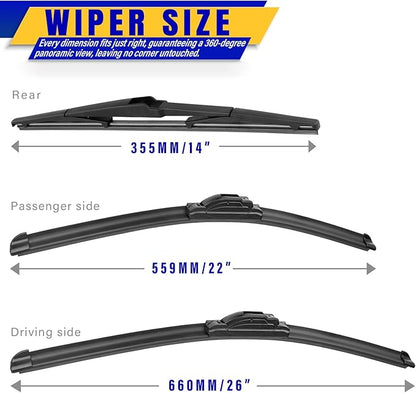 3 wipers Replacement for Lexus RX330 2004-2006 RX350 2007-2009 RX400h 2006-2008, Windshield Wiper Blades Original Equipment Replacement - 26"/22"/14" (Set of 3) U/J Hook
