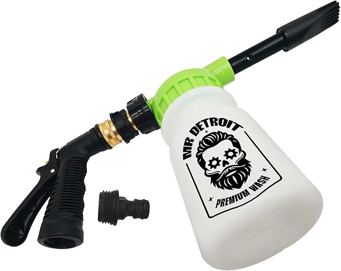 Mr. Detroit - Car Wash Gun Foam Blaster and 16oz Cleaning Soap Bottle with Flip Cap, Scratch Free Foam Cannon Soap Shampoo Streak-Free Washing for Home & Auto Detailing- 2pc