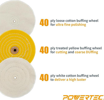 POWERTEC 6-Inch Bench Buffer Jewelry Polisher - Includes 5PCs 80Ply Buffing Wheels + 3PCs Polishing Compound Set | Benchtop Buffing Machine for Metal, Jewelry, Knives, Wood, Jade, and Plastic (BF601D)
