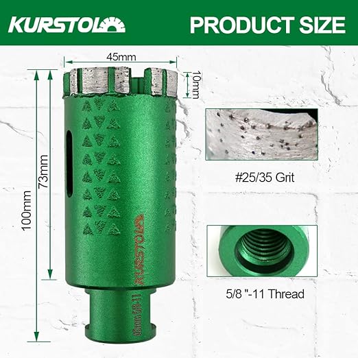 KURSTOL Diamond Core Drill Bits - 1-3/4 Inch with 58-11 Thread Granite Hole Saw Dry or Wet Drilling Hard Stone Marble Concrete Quartz Countertop Laser Welded Masonry Coring(45mm)