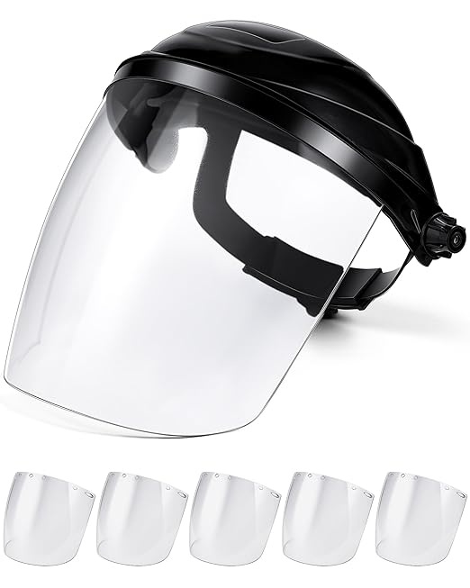Tellegloww 6 Pcs Safety Face Shield for Grinding and Cutting, Clear Impact Resistant Visor, Full Face Shield Mask with Ratchet Headgear for Grinding, Isolation, Weed Whacking, Industrial Use (Black)
