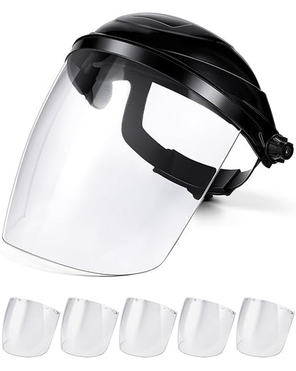 Tellegloww 6 Pcs Safety Face Shield for Grinding and Cutting, Clear Impact Resistant Visor, Full Face Shield Mask with Ratchet Headgear for Grinding, Isolation, Weed Whacking, Industrial Use (Black)