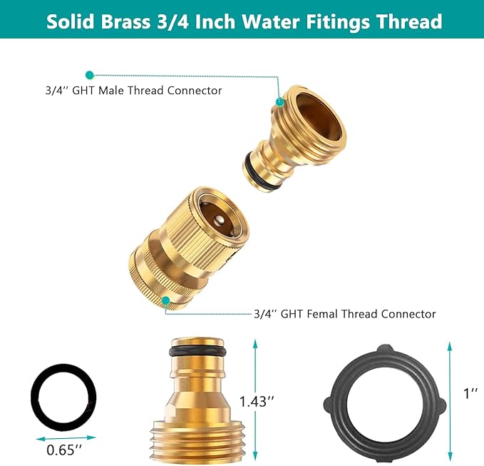 FINEST+ Garden Hose Quick Connector, Solid Brass 3/4 Inch Thread Fitting No-Leak Water Hose Female and Male Easy Connect (4 Sets)