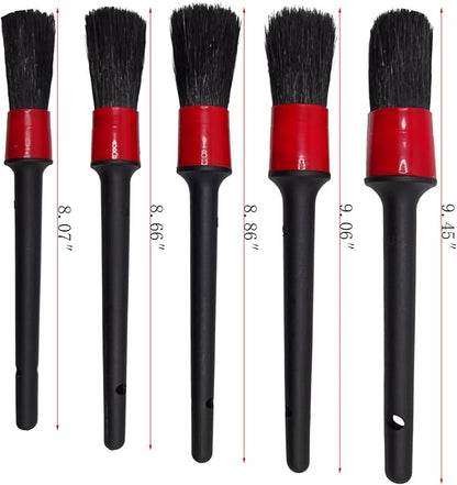 Car Detailing Brush Set of 5 - Soft Boar Hair, Car Wash Brush, Wheel Cleaner Brush, Car Dust Brush, Car Interior Leather Seat and Vent Brush, Car Detailing Kit