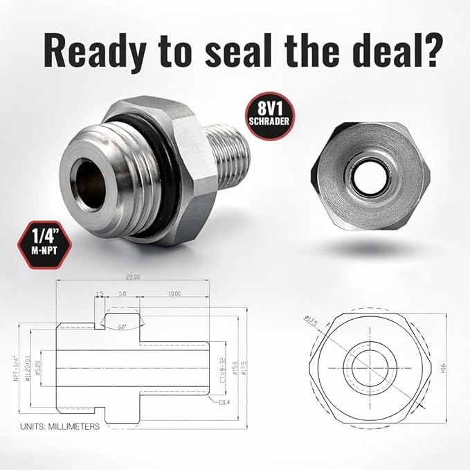 SKÖG Self-Sealing Tire Inflator Adapter – 1/4” NPT Male to Schrader Valve | No Teflon Tape | Leak-Free | for Air Compressors & Inflators