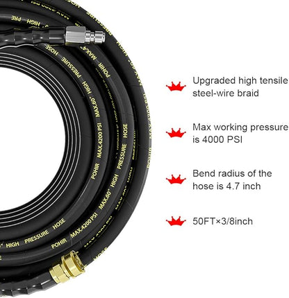 POHIR Power Washer Hose 125FT, High Pressure Washer Hose with 3/8'' Quick Connector, Steel Wire Braided Hose with 2 Quick Connect Kits Compatible M22 14 mm, Hose for Pressure Washer 4200 PSI