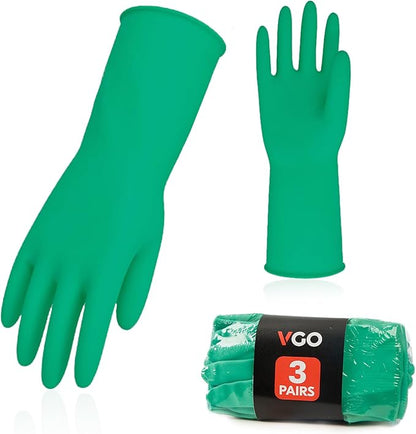Vgo... 3-Pairs Reusable Household Gloves, Rubber Dishwashing gloves, Extra Thickness, Long Sleeves, Kitchen Cleaning, Working, Painting, Gardening, Pet Care (Size XL, Green, HH4601)