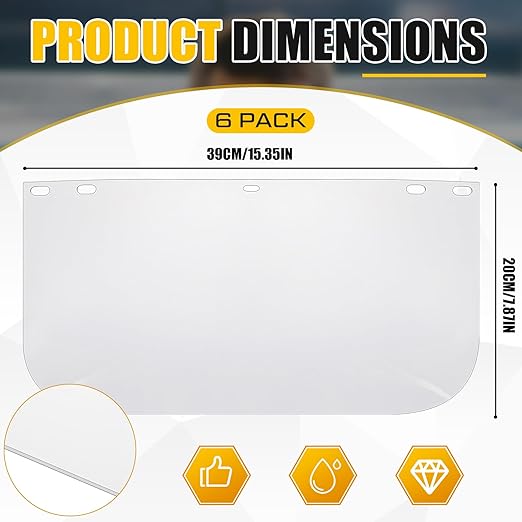 Kingdder 6 Pcs Clear Face Shield Replacement for Grinding and Cutting, 15x 8x 0.04 Inches Safety Faceshield Visors(PET,Edgeless)
