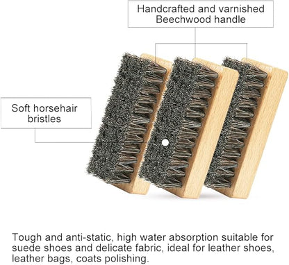 Shoe Brush for Cleaning, Horsehair Bristles Wooden Shine Shoe Brush Cleans Leather, Suede, Nubuck and Delicate Textiles - 3 Pack