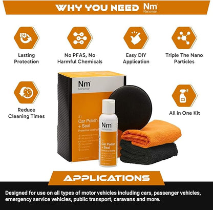 Nano Ceramic (SiO2) Car Polish +Seal. 100mL Kit Complete with Easy Application Nano Polish Application pad and polishing Cloths.
