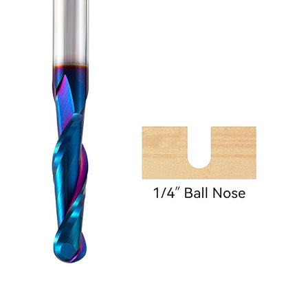 CNC Router bits 1/4inch Shank Carbide Ball Nose End Mill with Nano Blue Coating for Side Milling,End Milling,Finish Machining (1/4" x1/4" x2-1/2)