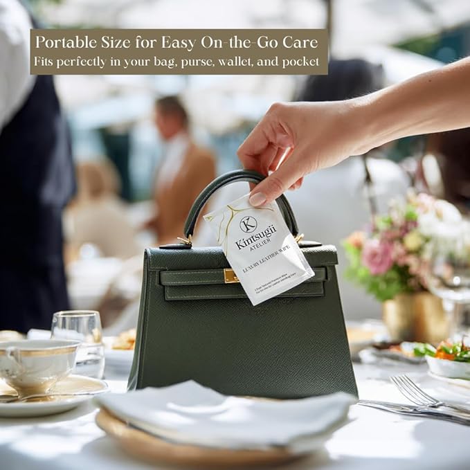 Luxury Leather Handbag Wipes – Individually Wrapped, Dual-Textured Cleaning for Purses, Shoes & Leather Goods – Safe, Non-Rinse, On-the-Go Care, 20 Count by Kintsugii Atelier