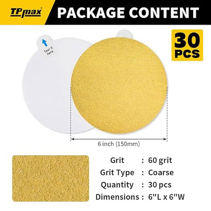 6-Inch 60-Grit Gold PSA Sanding Discs, 30 Pack – Pro-Grade Self-Adhesive Stickyback Sandpaper with Quick-Release Tabs for DA Sander, Coarse Automotive/Wood/Metal Sanding