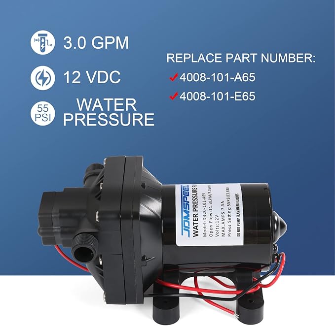 3.0 GPM 12V 55 PSI Revolution Water Pump Compatible with Camper, RV, Shower, Sprayer Replace# 4008-101-A65, 4008-101-E65