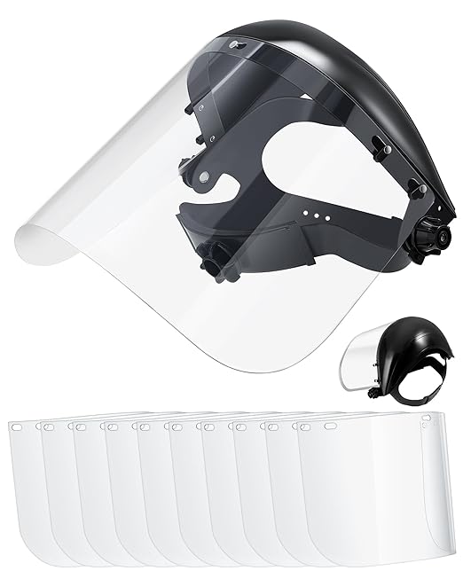 Copkim Safety Face Shield for Grinding and Cutting with 10 Replacement Clear Visor Adjustable Headgear, Lightweight Full Impact Resistant Face Shield Mask for Work Chemical Woodworking Industrial