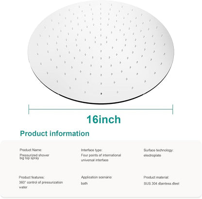 All Metal Rain Shower Head - Heavy Duty Stainless Steel, Easy Install, High Water Flow, Ultra-Thin Modern Design for Bathroom (Chrome, 16)