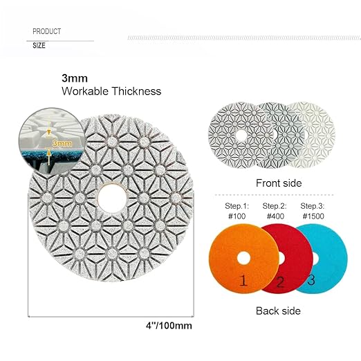 SHDIATOOL 15PCS 4 Inch Diamond Polishing Pads 3-Step 5 Sets for Marble Granite Stone Sanding Disc