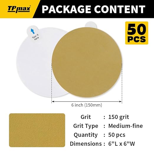 6-Inch 150-Grit Gold PSA Sanding Discs, 50 Pack – Pro-Grade Self-Adhesive Stickyback Sandpaper with Quick-Release Tabs for DA Sander, Medium-Fine Automotive/Wood/Metal Sanding