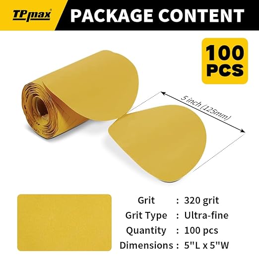 100PCS 5 Inch PSA Sanding Discs 320 Grit | Self-Adhesive Sandpaper Roll for DA Sanders, Orbital Sander | Gold Aluminum Oxide Sticky Back Abrasive Discs for Automotive, Woodworking, and Metal Polishing