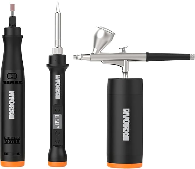 MAKERX Crafting Tool Combo Kit - Rotary Tool, Airbrush Gun, Wood and Metal Crafter for Sanding, Carving, Painting, 20V Power Share Battery & 57-Piece Accessories Included
