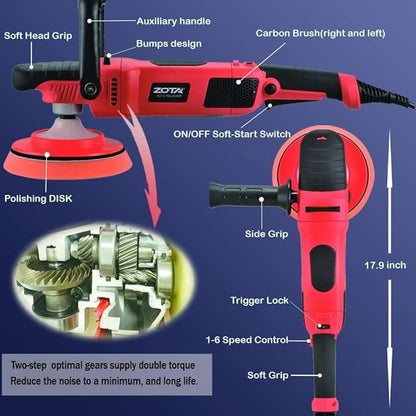 Rotary Polisher, 1200W Double Torque 6-inch/7-inch Car Polisher, 6 Variable Speed 1100-3050RPM Buffer with Soft Start