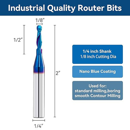 CNC Router Bits 1/4inch Shank 1/8inch Cutting Dia Carbide Ball Nose End Mill with Nano Blue Coating for Side Milling End Milling, Finish Machining (1/8"x1/4"x2")