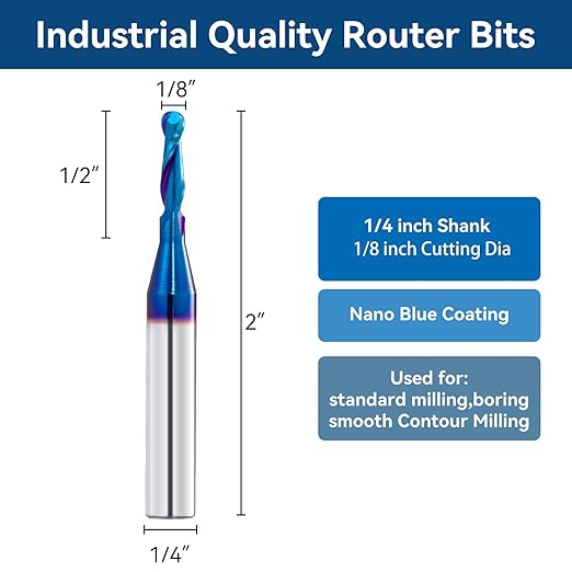 5 PCS CNC Router Bits Ball Nose End Mill with 1/4 inch Shank and 1/8 inch Cutting Diameter, 1/2 inch Cutting Length, 2 inch Total Length