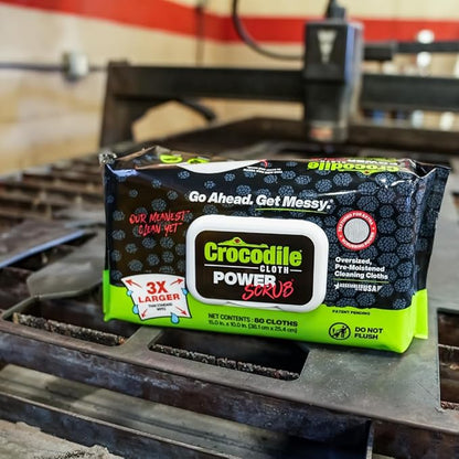 Crocodile Cloth PowerSCRUB Cleaning Wipes – 80 (15" x 10") Dual-Surface Cloths, Heavy-Duty, Moist, Absorbent, & Disposable - Safe on Skin & Multiple Surfaces