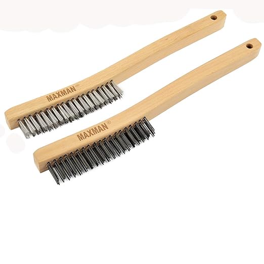 MAXMAN Wire Brush, Heavy Duty Carbon Steel and Stainless Steel Wire Brushes for Cleaning Rust, Grill, Paint Removal, Welding, Stiff Bristle Metal Brush with 14" Long Beech Wood Handle, Large, 2Pcs