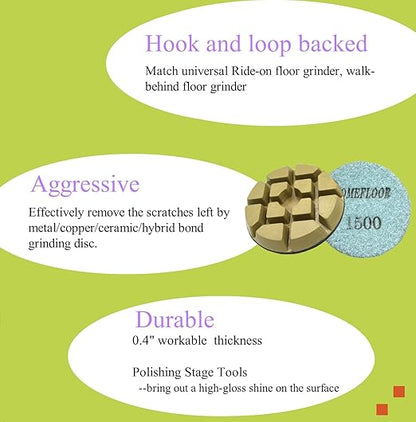 Concrete Floor Polishing Pucks Diamond Resin Disc for Terrazzo, Marble, Granite Floor, 3 Inch Hook and Loop Polishing Pad,1500# 3PCS