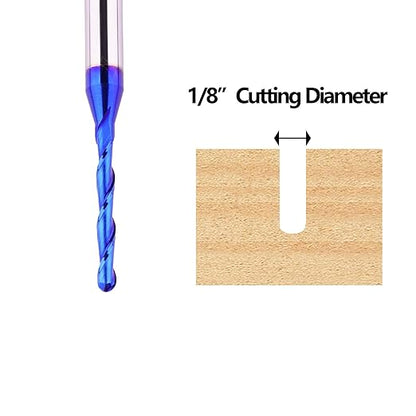 CNC Router bits Carbide Ball Nose End Mill with Nano Blue Coating for Side Milling. End Milling. Finish Machining. (1/8" Cut Dia-Extra Long Cutting Length)