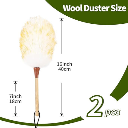 Natural Lambswool Duster 16 Inch Handheld with Wooden Handle Duster Dusting Tool for Blinds Electronics Furniture Delicate Surfaces (2Pcs)