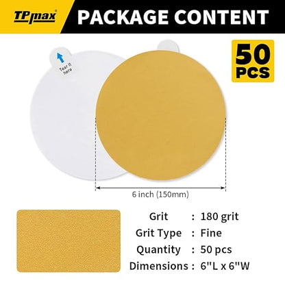6-Inch 180-Grit Gold PSA Sanding Discs, 50 Pack – Pro-Grade Self-Adhesive Stickyback Sandpaper with Quick-Release Tabs for DA Sander, Fine Automotive/Wood/Metal Sanding