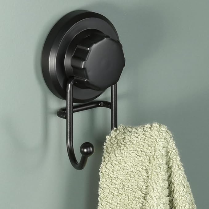 HASKO Suction Cup Hook for Shower, Stainless Steel Bathroom Suction Towel Hooks Hanger, Organizer for Towel, Bathrobe and Loofah, Includes Optional No Drill Adhesive Mount for Inside Shower, Black