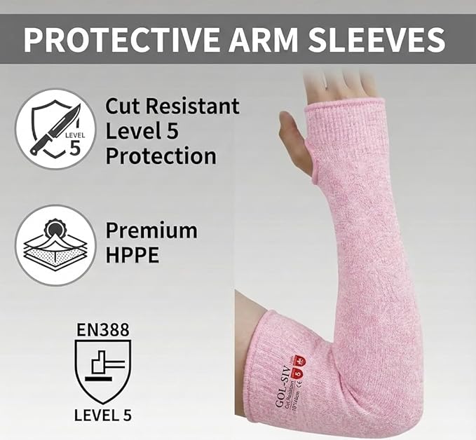 GOL-SIV Arm Protectors For Thin Skin And Bruising, Cut Resistant Sleeves For Men Women, A5 Level Farmer Sleeve For Gardening (Grey & Pink, 17.7 In - 2pairs)