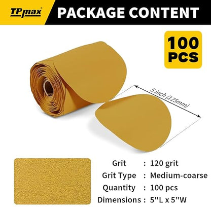 100PCS 5 Inch PSA Sanding Discs 120 Grit | Self-Adhesive Sandpaper Roll for DA Sanders, Orbital Sander | Gold Aluminum Oxide Sticky Back Abrasive Discs for Automotive, Woodworking, and Metal Polishing