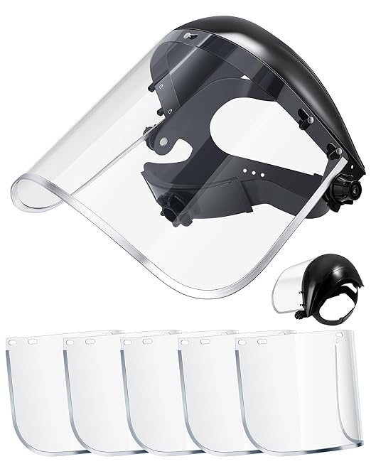 Copkim 2 Safety Face Shield for Grinding & Cutting with 10 Replacement Clear Visor Lightweight Full Impact Resistant Adjustable Face Shield Mask for Work Chemical Woodworking Industrial(Aluminum Edge)