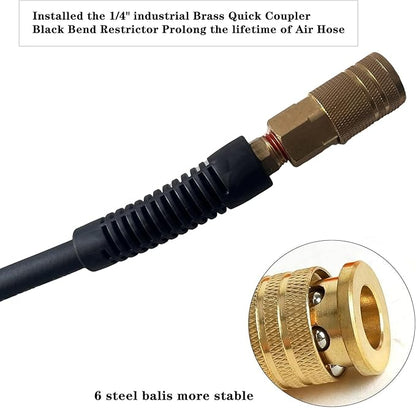 Air Hose 3/8 in x 25 ft, Heavy Duty, Lightweight, Kink Resistant, Hybrid Air Compressor Hose with 1/4 in Solid Brass Male Fittings, Bend Restrictors, 300 PSI (25FT, Black)