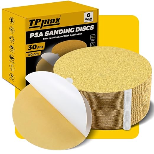 6-Inch 60-Grit Gold PSA Sanding Discs, 30 Pack – Pro-Grade Self-Adhesive Stickyback Sandpaper with Quick-Release Tabs for DA Sander, Coarse Automotive/Wood/Metal Sanding