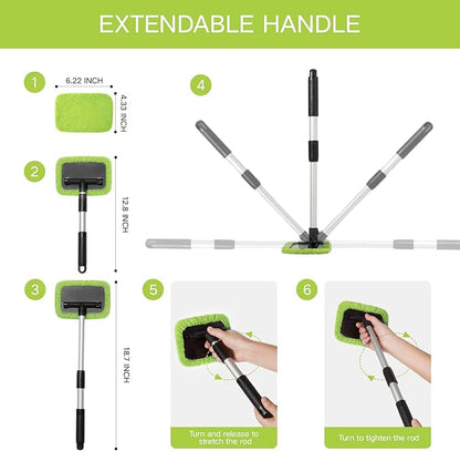 11pcs Windshield Cleaner Tool, Car Window Cleaning Wash Kit with 6 Reusable Microfiber Pads 2 Spray Bottles and Extendable Handles Auto Glass Wiper Kit, Green