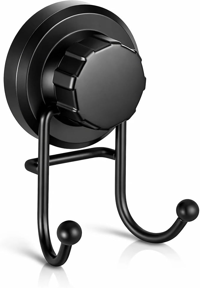 HASKO Suction Cup Hook for Shower, Stainless Steel Bathroom Suction Towel Hooks Hanger, Organizer for Towel, Bathrobe and Loofah, Includes Optional No Drill Adhesive Mount for Inside Shower, Black